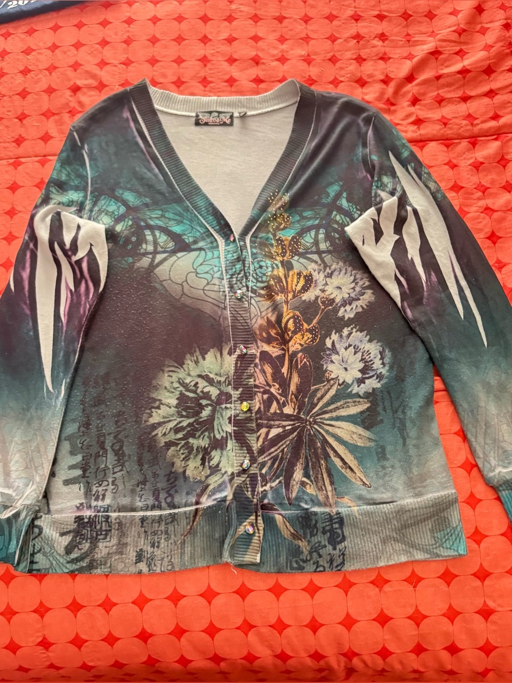 Boho Floral Button-Front Cardigan in Teal and Black